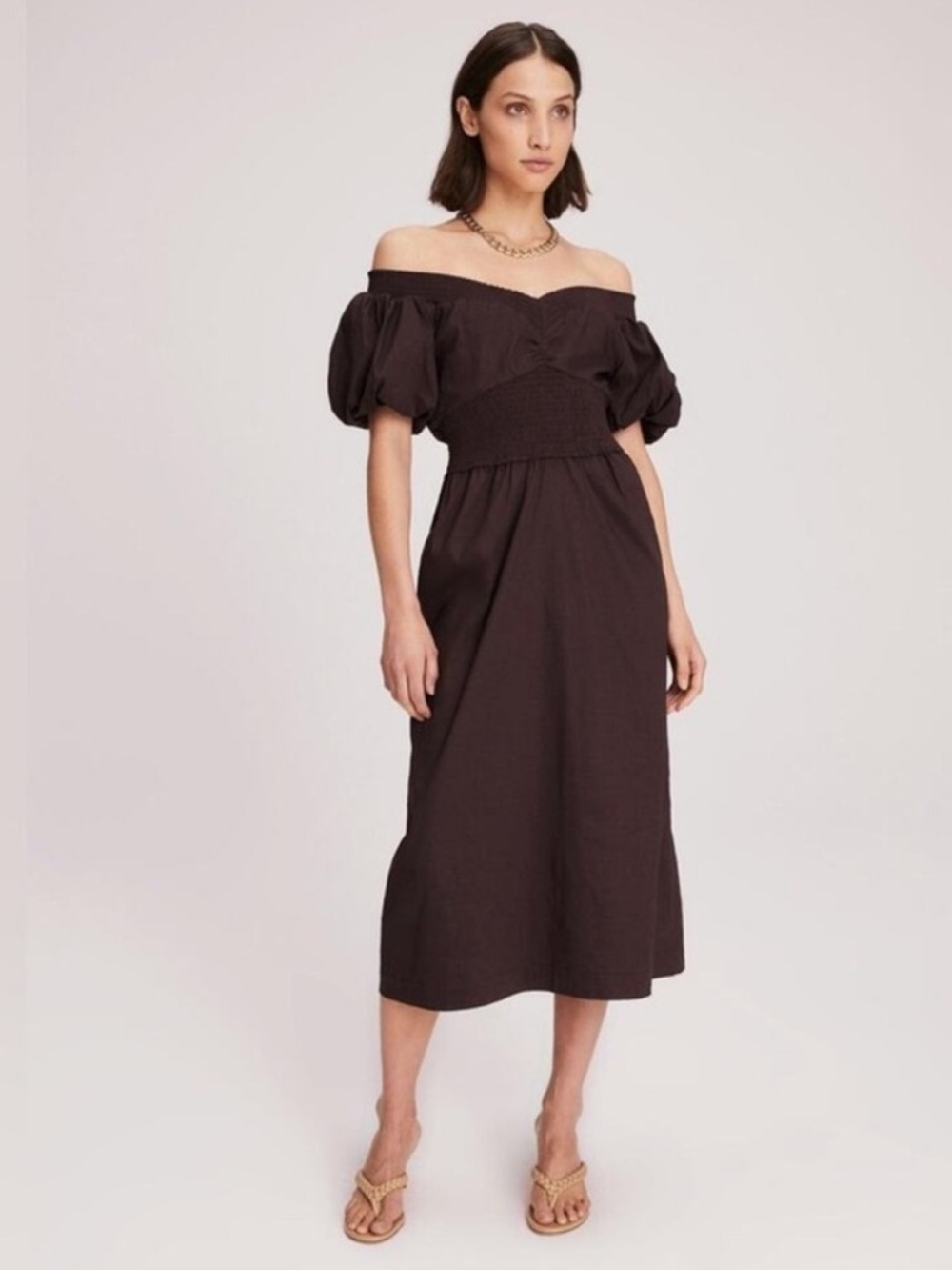 A.L.C. Adena Off Shoulder Midi Dress Medjool Brown Boho Casual Women’s Size 6